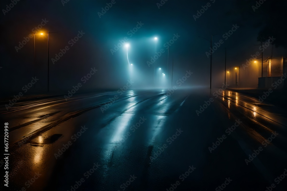 a searchlight, smoke, neon lights reflected in wet asphalt. Dark, desolate roadway with smoke and pollution, with abstract light. Dark background image with a nighttime cityscape and deserted street.