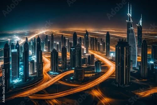 City skyline. Long exposure effect at night. Duotone retro wave neon noir lights color toned