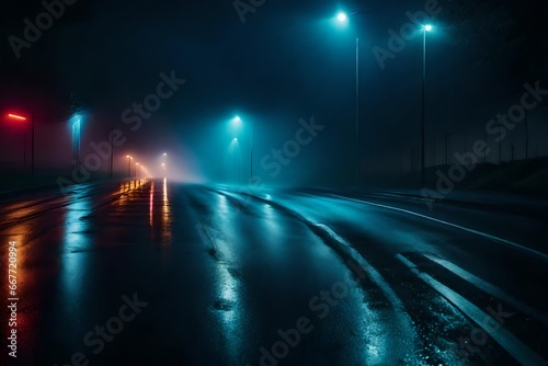 a searchlight, smoke, neon lights reflected in wet asphalt. Dark, desolate roadway with smoke and pollution, with abstract light. Dark background image with a nighttime cityscape and deserted street. © Amazing-World