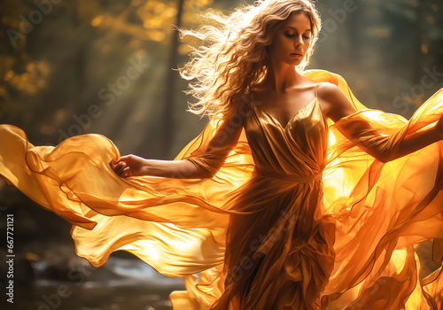 Woman dancing in the forest wearing a yellow flowing silk dress. AI generated