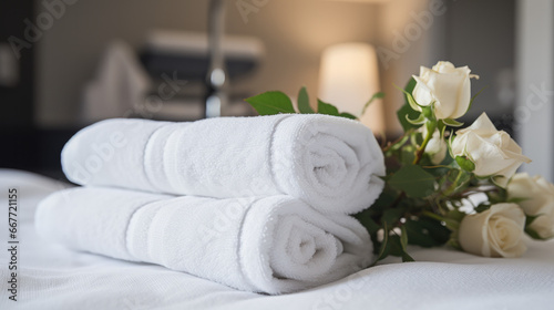 Comfort and Cleanliness - Relaxing Hotel Spa Room Background with White Towel and Flower Decoration