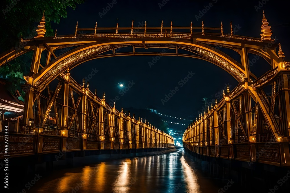 Iron Bridge illuminated in color at night