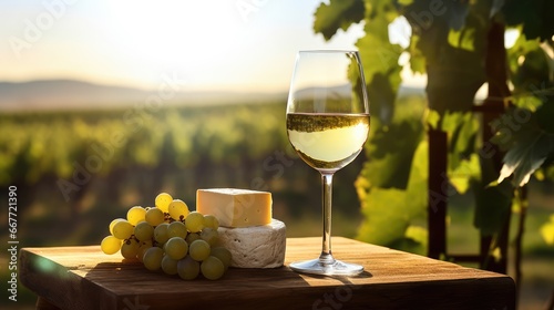 Wallpaper Mural one glass of white wine on a wooden table in clear weather overlooking the vineyards. wine production. alcoholic drink. copy space. Torontodigital.ca