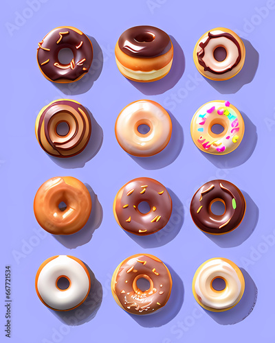 Set of different donuts. Cakes in a cartoon style. Generative AI.