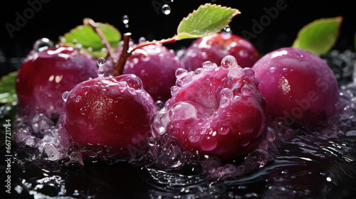 Group of Fresh Purple Colored Plum Fruits Splashing on Water Dark Background Selective Focus