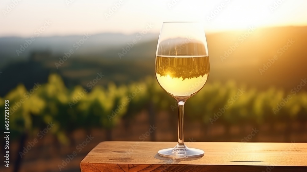 one glass of white wine on a wooden table in clear weather overlooking the vineyards. wine production. alcoholic drink. copy space.
