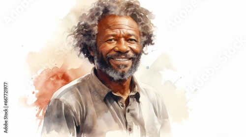 Smiling Old Black Man with Brown Curly Hair Watercolor Illustration. Portrait of Casual Person on white background with copy space. Photorealistic Ai Generated Horizontal Illustration.