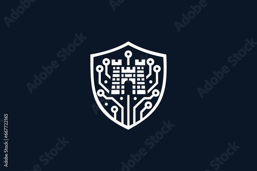 cyber security icon  data information protect  digital system safety  shield  fortress and circuit microchip  thin line web symbol