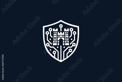 cyber security icon, data information protect, digital system safety, shield, fortress and circuit microchip, thin line web symbol