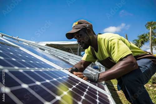 On a sun-soaked farm, an individual operates a solar panel installation. Harnessing clean energy from the sun.