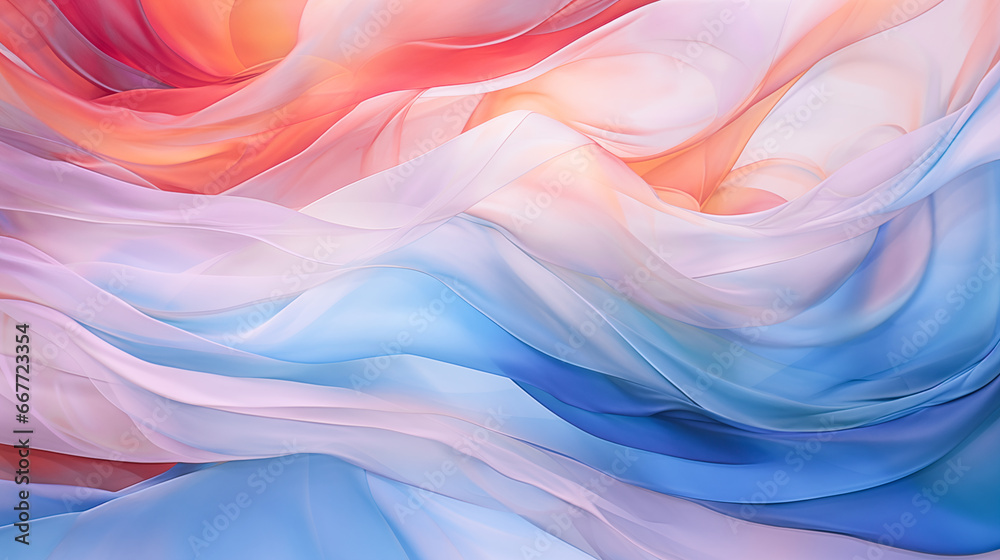 Obraz premium Blue dreamy pastel watercolor flowing waves backdrop., Purple, orange, yellow soft painted wavy folds. Abstract art luxury color wave background. Silk drape waves background for banner copy space