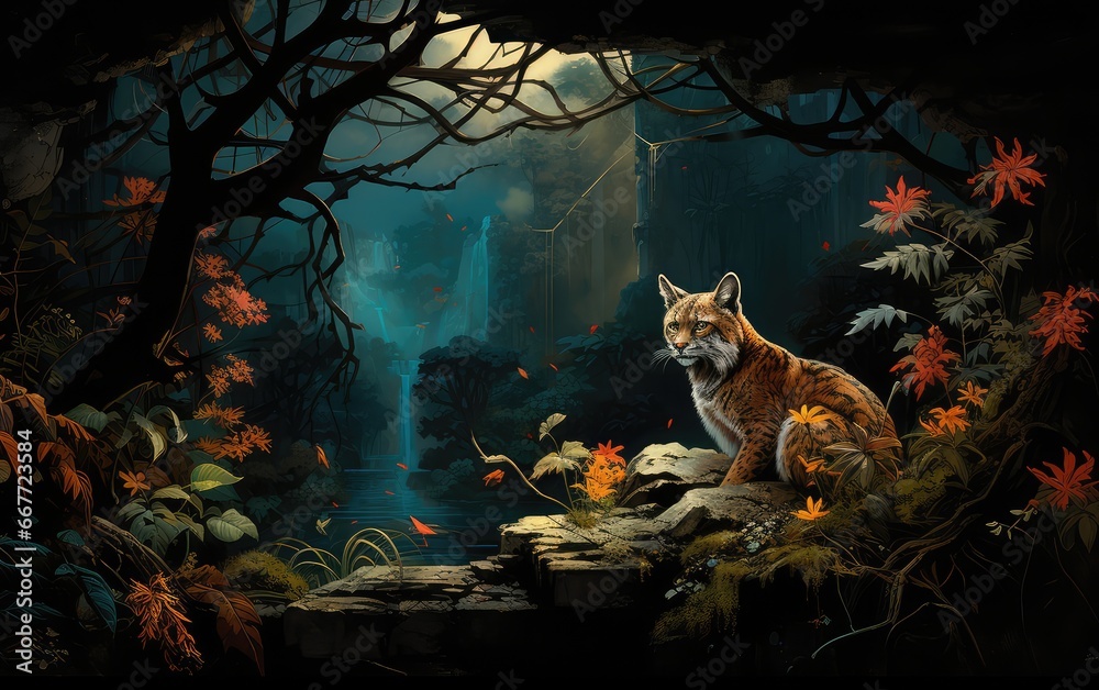 Exceptionally beautiful wall-hanging paintings, featuring a combination of animals, plants, flowers, and abstract elements. Created by AI Exceptionally beautiful wall-hanging paintings, featuring a combination of animals, plants, flowers, and abstract elements. Created by AI