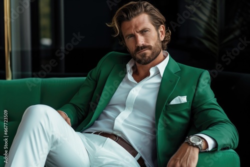 Man in Green Suit Sitting on Couch