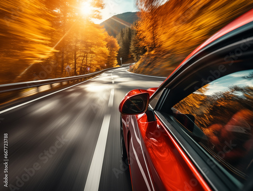 Red car driving through beautiful fall foliage from the car's perspective
