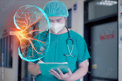 The doctor looks at the inflammation kidney hologram, checks the test result on the virtual interface and analyzes the data. Kidney disease, stones, innovative technologies, medicine of the future