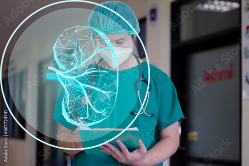 The doctor looks at the kidney hologram, checks the test result on the virtual interface and analyzes the data. Kidney disease, stones, innovative technologies, medicine of the future