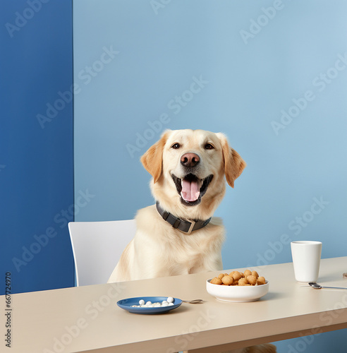 Adorable Dog with Bowl of Kibble Dinner. Generative ai