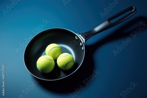 frying pan with tennis balls on blue background different uses concept