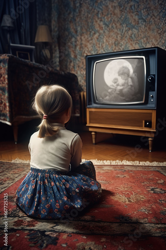 girl watching cartoons on an old television