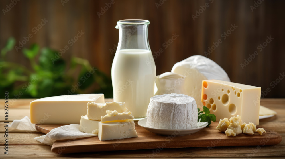 Various dairy products on wooden background Various dairy products on wooden background