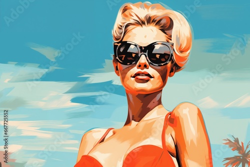 Portrait of a beautiful fashionable woman with a hairstyle and sunglasses, in a bikini or swimsuit, on a beach, blue sky background. Illustrative poster in style of the 1960s