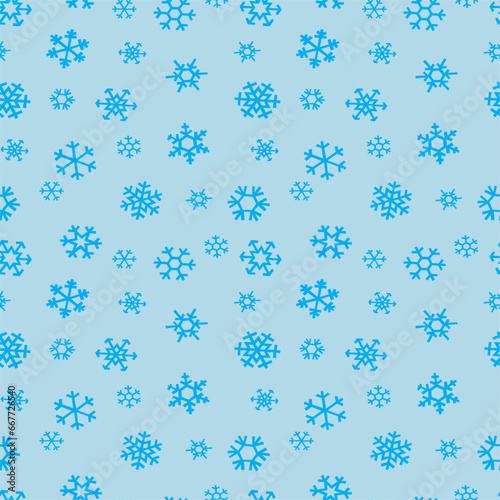 Seamless pattern with snowflakes on a blue background. Flat snow icons, cute snowflakes repeat wallpaper. Traditional New Year's ornament.
