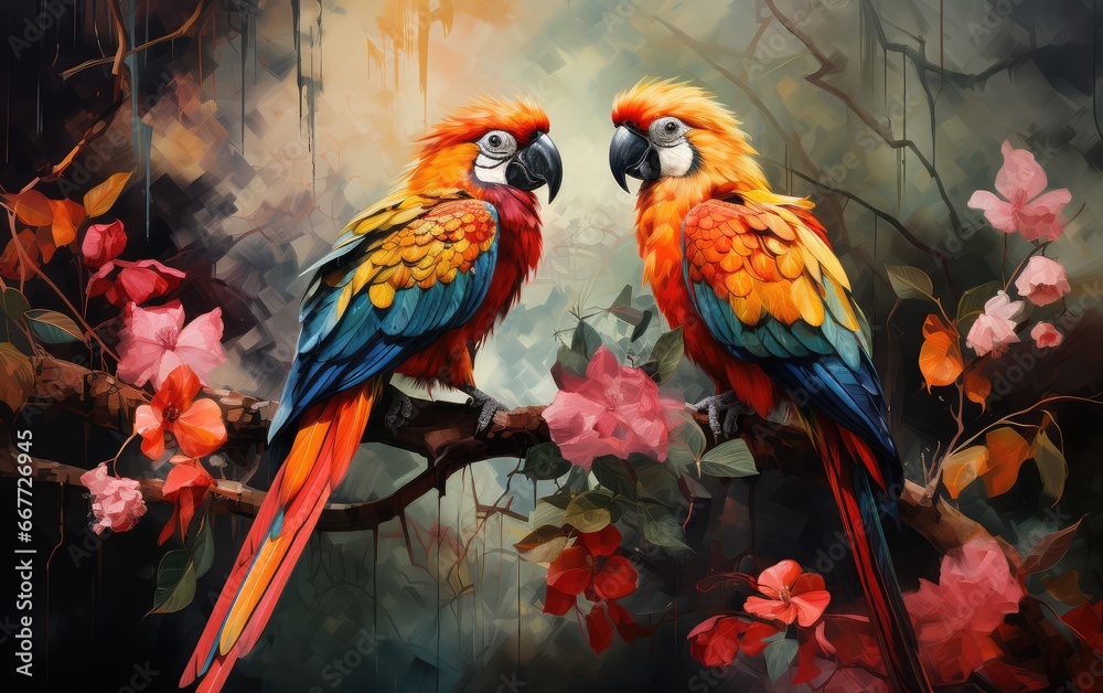 Fototapeta premium Exceptionally beautiful wall-hanging paintings, featuring a combination of animals, plants, flowers, and abstract elements. Created by AI