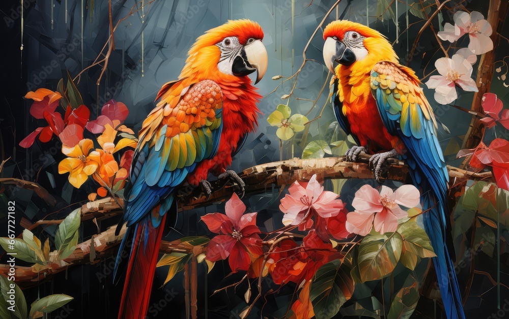 Fototapeta premium Exceptionally beautiful wall-hanging paintings, featuring a combination of animals, plants, flowers, and abstract elements. Created by AI