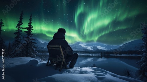camper observing the beautiful northern lights generative ai