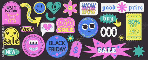 Acid sticker pack sale in y2k. Cool retro stickers with smile faces, cartoon comic label patches. Set of trendy neon cartoon label for store discount.