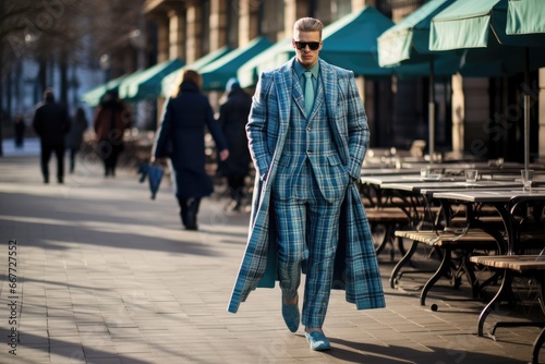 Man Walking on Street in Stylish Blue Suit