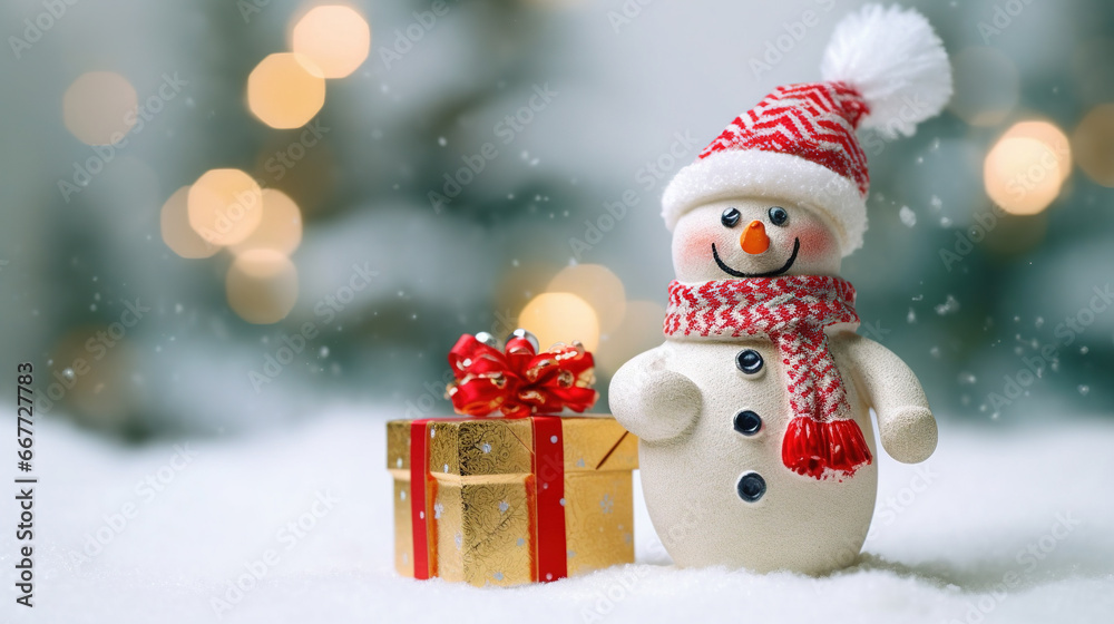 Cute Snowman in His Red Outfit For Merry Christmas Greeting Background Focus on Foreground