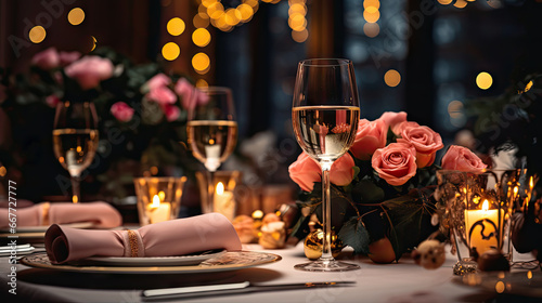 Holiday romantic evening set with wine glasses and festive background. For Christmas or wedding #667727777