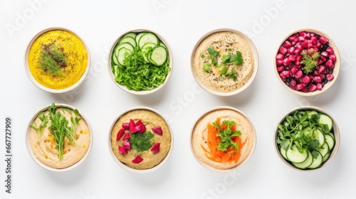 bowl of hummus on a white background, top view. vegetarian homemade snack. Arabic food.