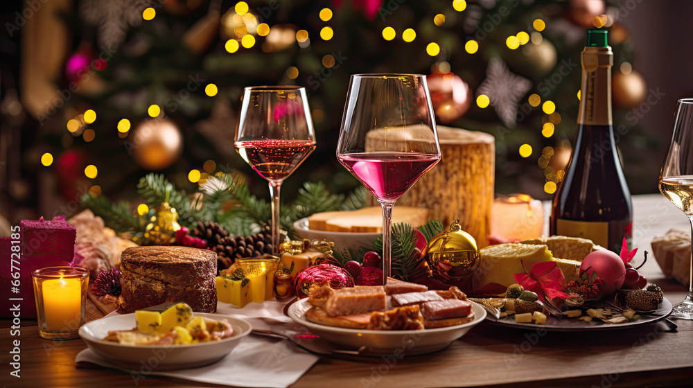 Christmas evening dinner table with festive food and sparkling wine glasses, holiday xmas concept