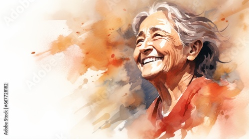 Smiling Old Latino Woman with Brown Straight Hair Watercolor Illustration. Portrait of Casual Person on white background with copy space. Photorealistic Ai Generated Horizontal Illustration.