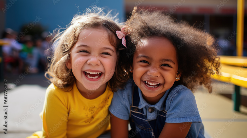 Two children laughing happily sitting at a table outside during recess at school Two children laughing happily sitting at a table outside during recess at school