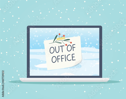 auto responder out of office note on a laptop screen; winter, christmas vacation concept - vector illustration
