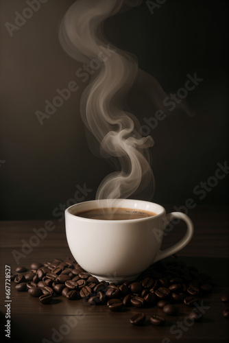 Steaming coffee in a white mug with roasted coffee beans on a wooden table.