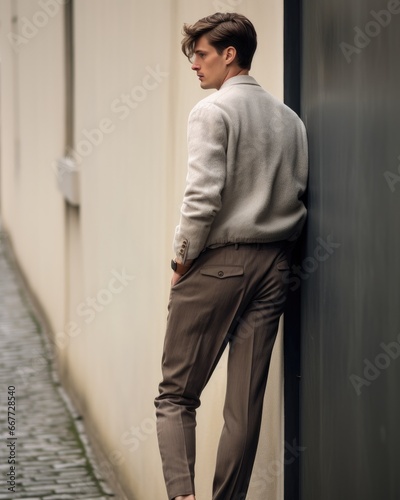 Man Leaning Against Wall in Stylish Sweater and Pants