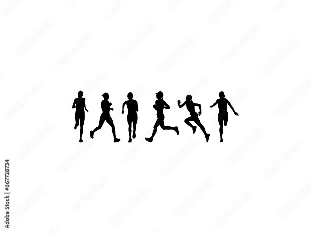 Set of Female marathon running Silhouette in various poses isolated on white background