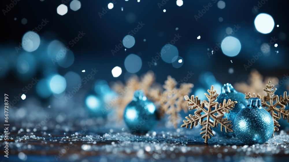 Celebration with Christmas Balls Snow Flacks Blue Sparkie Lights Defocused Background Image - obrazy, fototapety, plakaty 
