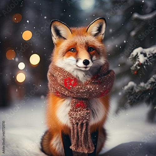 Cute fox in a red Christmas scarf against snowy winter forest background. Holiday greeting card concept. Animals in the wild.