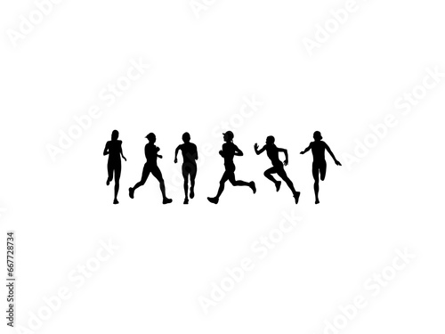 Set of Female marathon running Silhouette in various poses isolated on white background