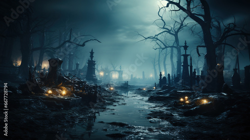 A Spooky Cemetery Background With Gothic Crosses on One Side and foggy Background