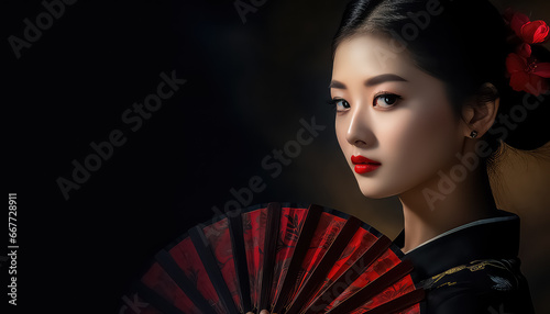 Asian woman with fan in hand, Chinese New Year concept