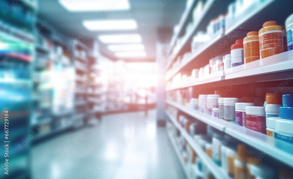 Blurred background of a drugstore with defocused lights.