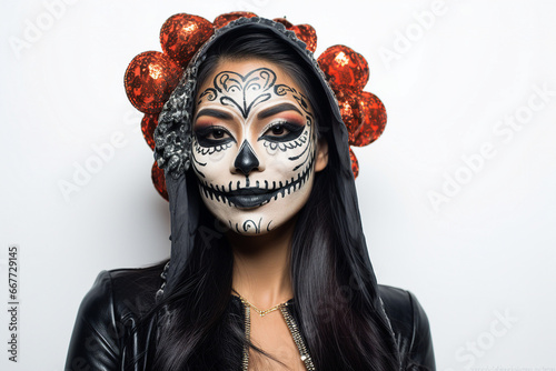 Halloween theme fantasy creepy personage with spooky makeup isolated on white background generative Ai
