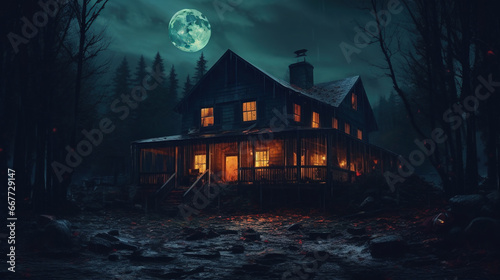 Dramatic A Haunting Gothic Horror of an Abandoned House in Forest Moon in Foggy Dark Background photo