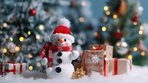 Cute Snowman in His Red Outfit For Merry Christmas Greeting Background Focus on Foreground photo